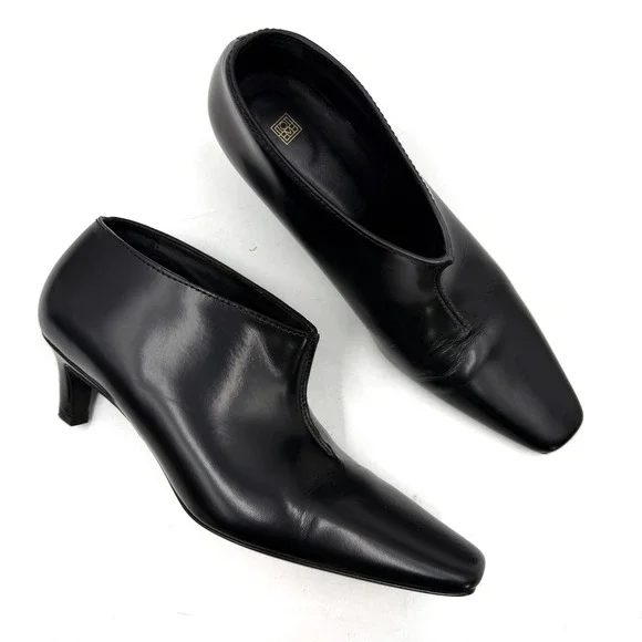 Toteme Wide Shaft Boots Black Leather Square Toe Kitten Heel Ankle Sz 37 / 7